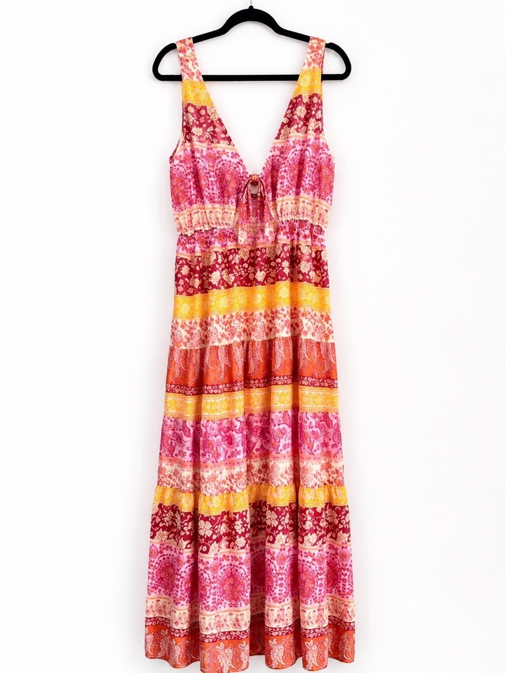 Maison Tara Pink & Yellow Printed Tiered Maxi Dress